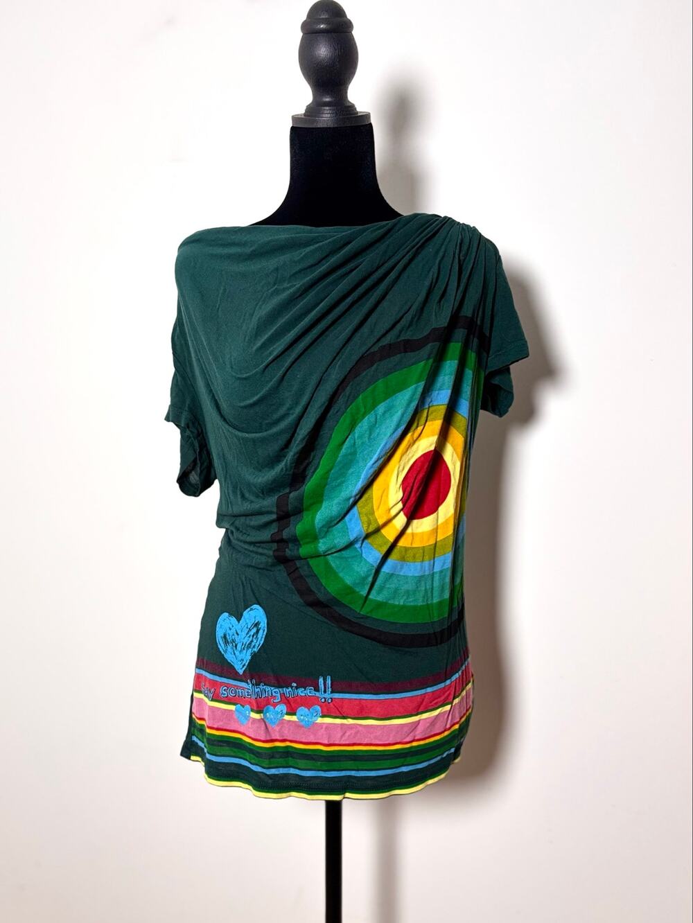 Desigual Forest Green Asymmetric Knotted Neckline Top Rainbow Graphic